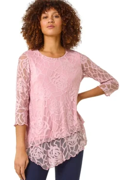 Tops>Roman Pale Pink Burnout Rose Detail Asymmetric Top