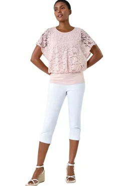 Tops>Roman Pale Pink Lace Stretch Bubble Hem Top