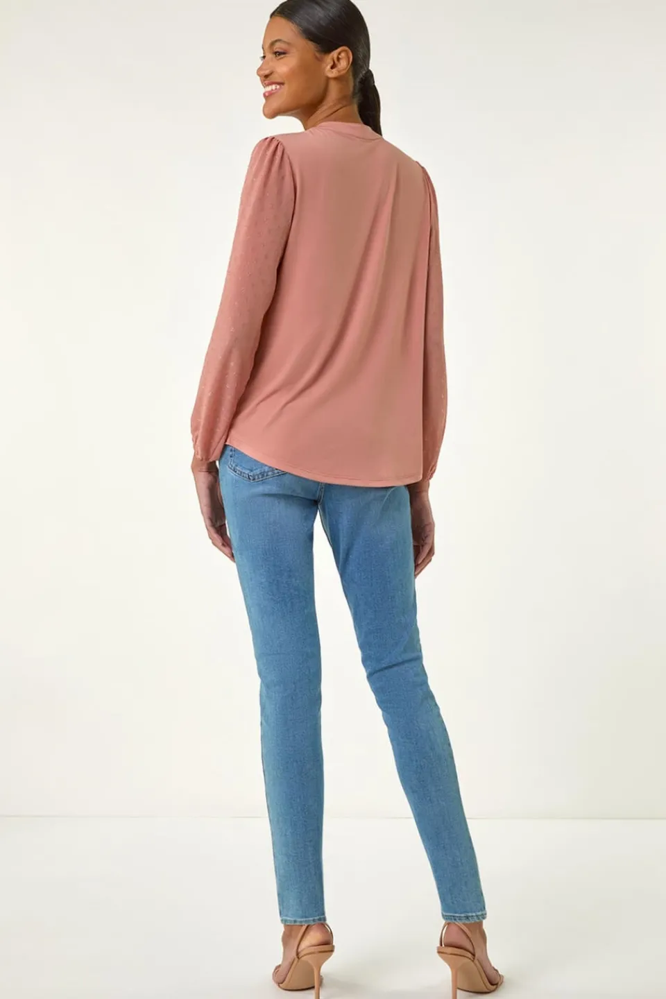 Tops>Roman Peach Tie Neck Shimmer Dobby Sleeve Top