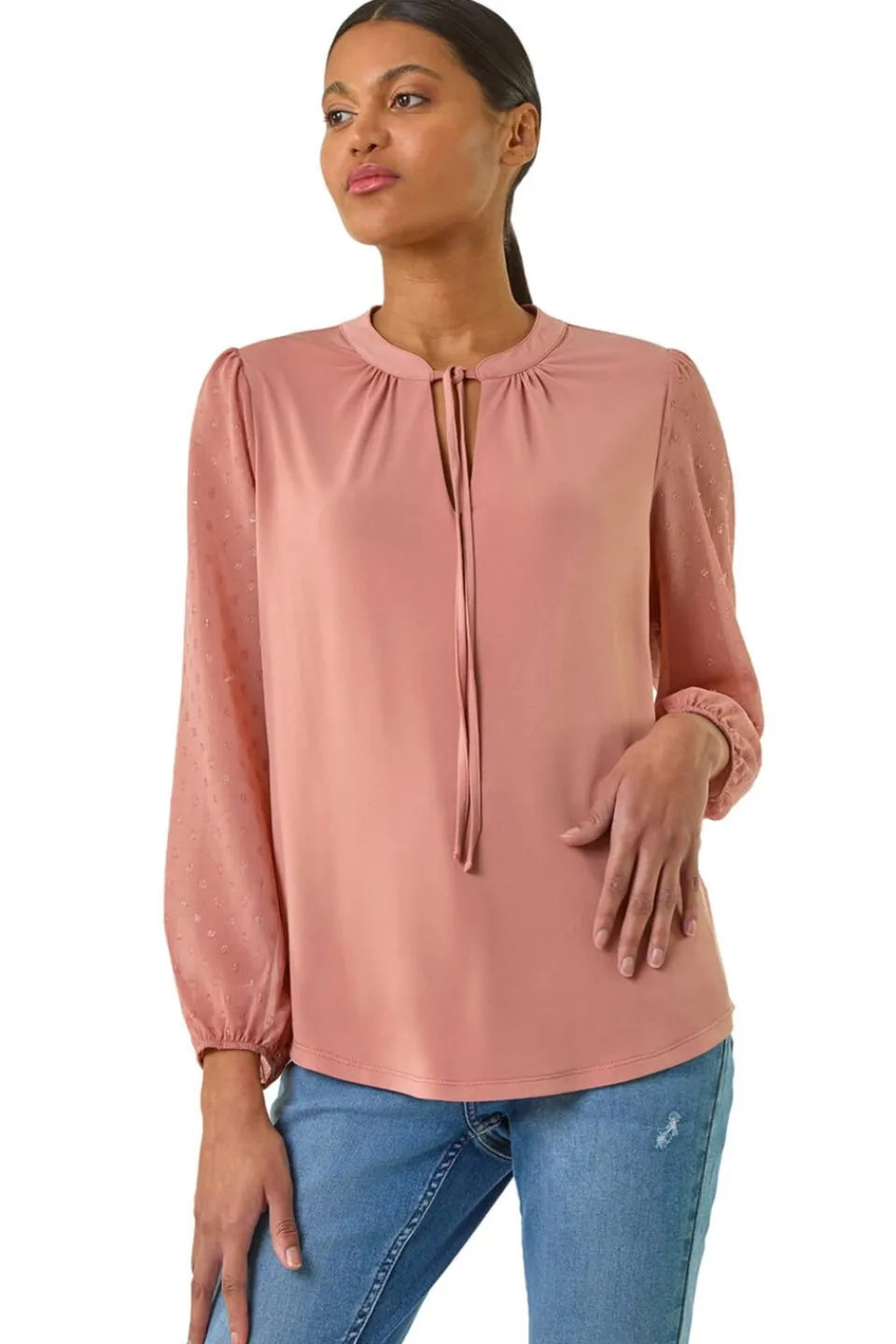 Tops>Roman Peach Tie Neck Shimmer Dobby Sleeve Top