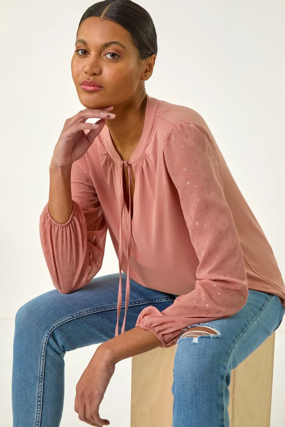 Tops>Roman Peach Tie Neck Shimmer Dobby Sleeve Top