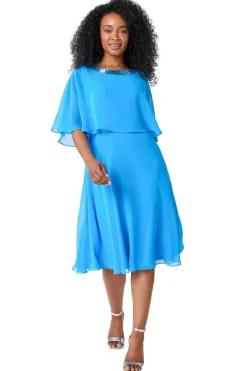 Dresses>Roman Petite Sequin Trim Chiffon Cape Dress Blue