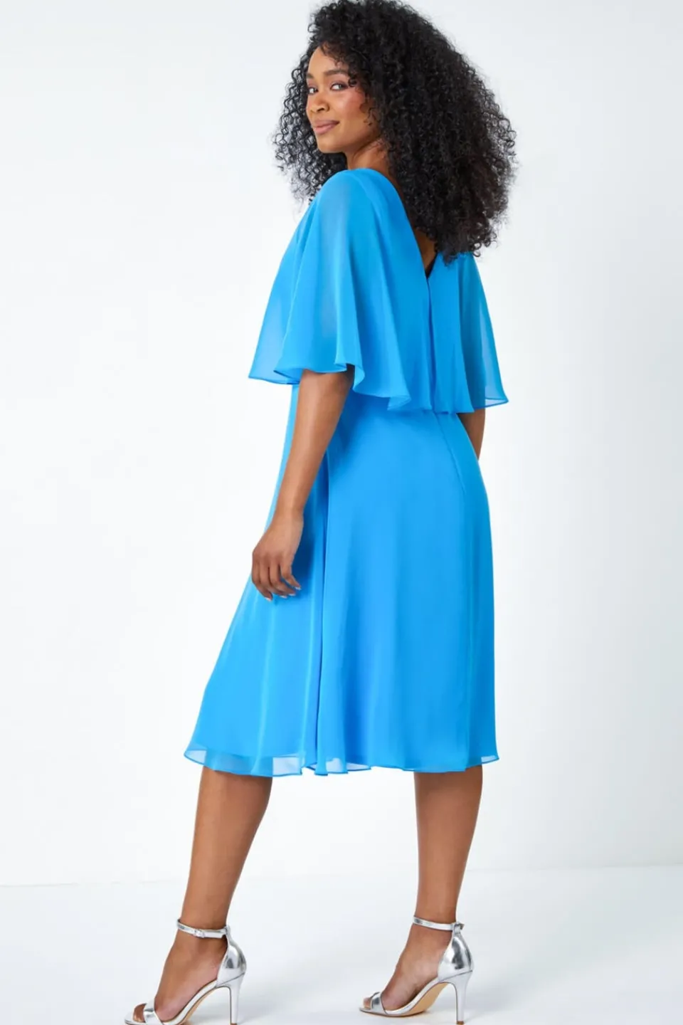 Dresses>Roman Petite Sequin Trim Chiffon Cape Dress Blue