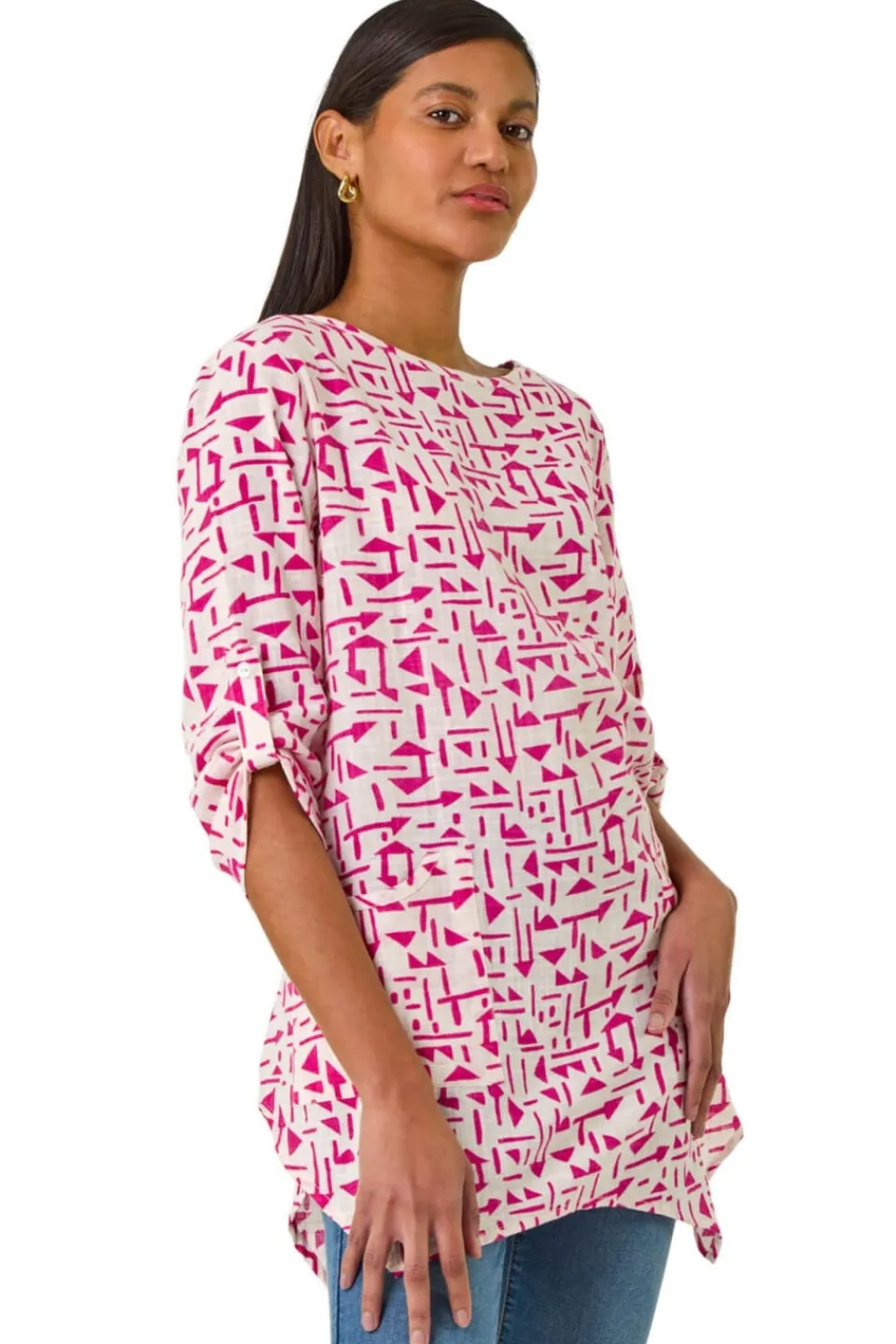 Tops>Roman Pink Absract Print Longline Top