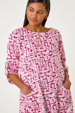 Tops>Roman Pink Absract Print Longline Top
