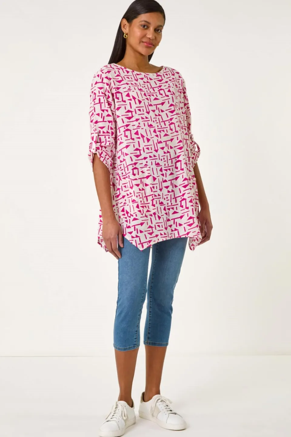 Tops>Roman Pink Absract Print Longline Top