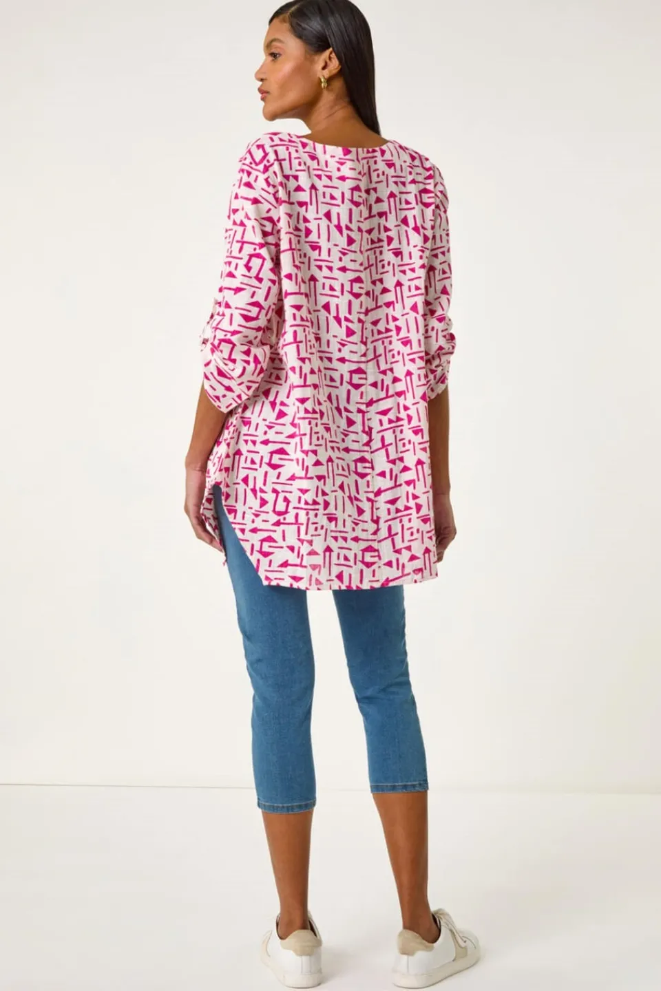 Tops>Roman Pink Absract Print Longline Top