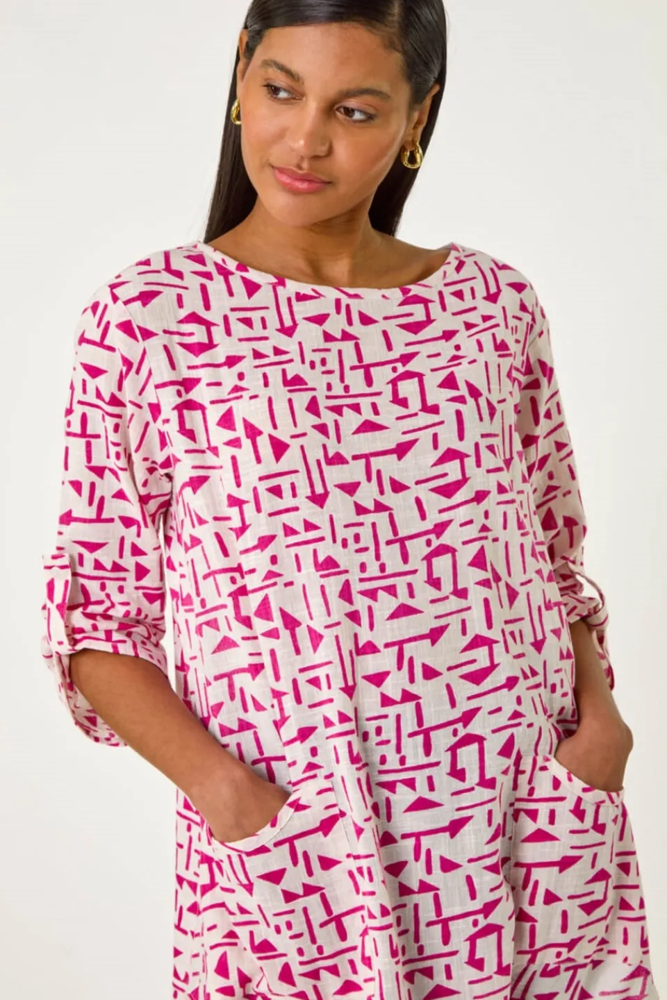 Tops>Roman Pink Absract Print Longline Top