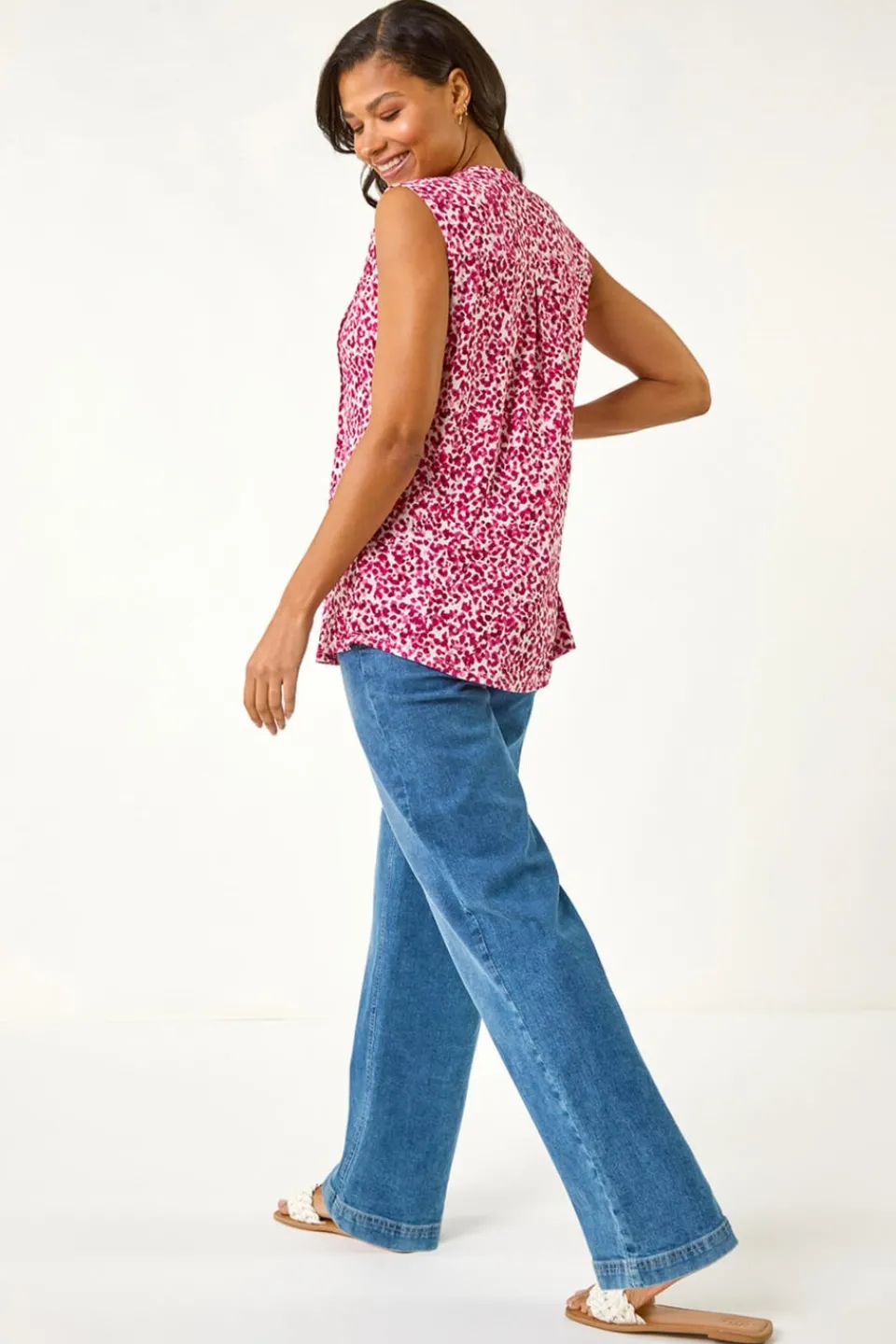 Tops>Roman Pink Abstract Animal Print Stretch Vest Top