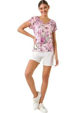 Tops>Roman Pink Abstract Floral Print Stretch Top
