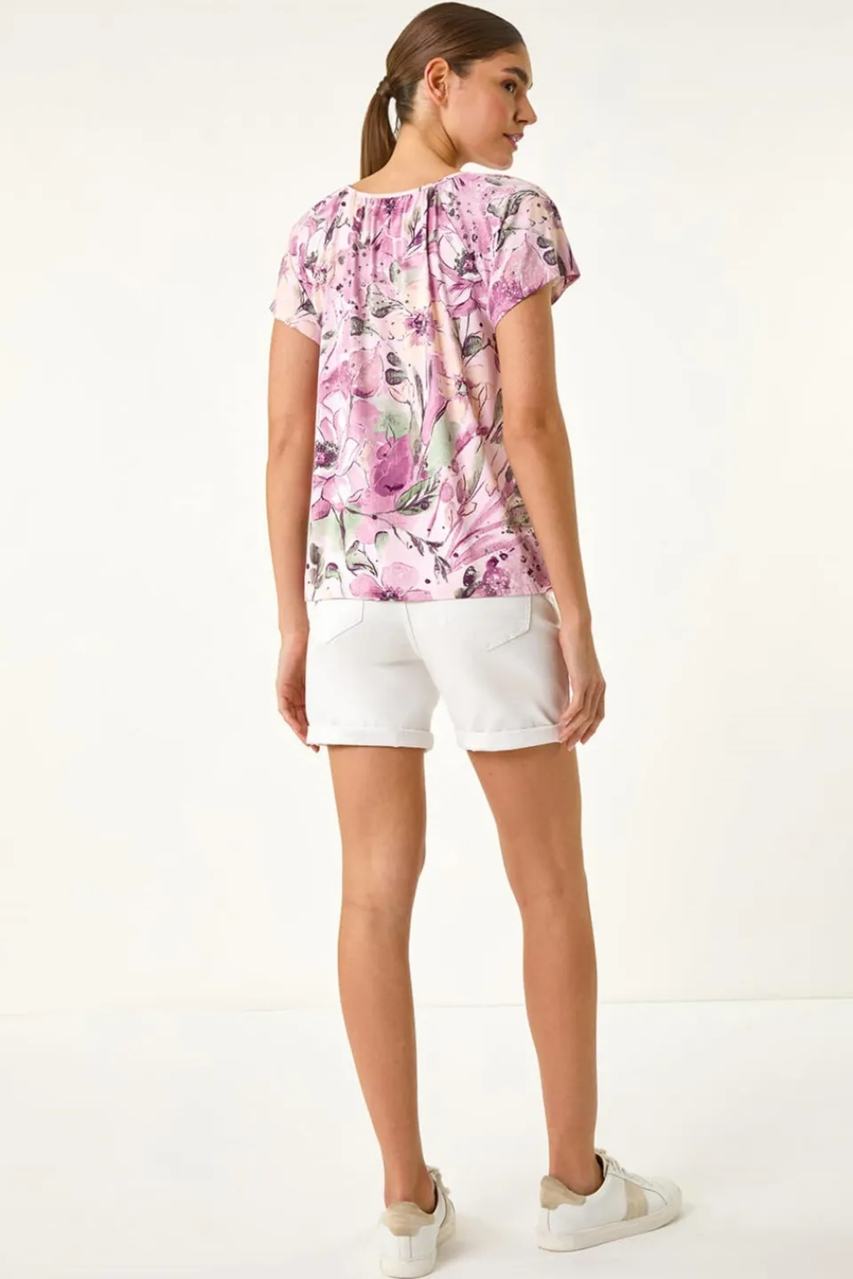 Tops>Roman Pink Abstract Floral Print Stretch Top