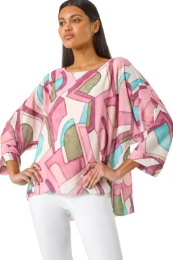 Tops>Roman Pink Abstract Print Overlay Tunic Top