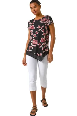 T-Shirts>Roman Pink Abstract Print Chiffon Hem Top
