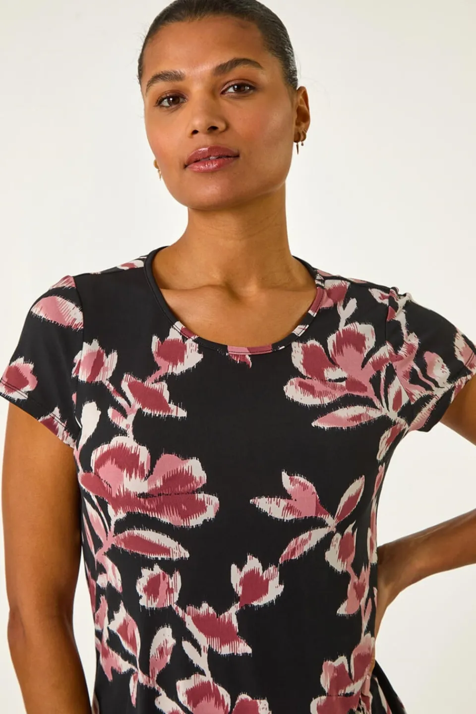 T-Shirts>Roman Pink Abstract Print Chiffon Hem Top