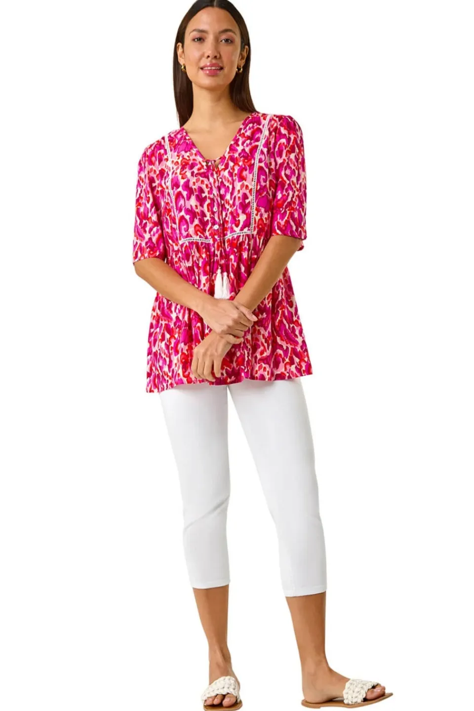 Tops>Roman Pink Abstract Print Tassel Top