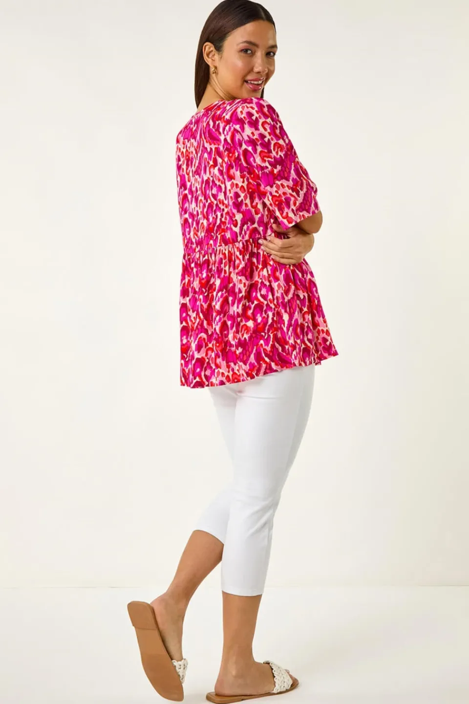 Tops>Roman Pink Abstract Print Tassel Top