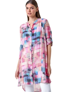 Tops>Roman Pink Abstract Print Longline Blouse