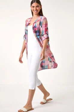 Tops>Roman Pink Abstract Print Longline Blouse
