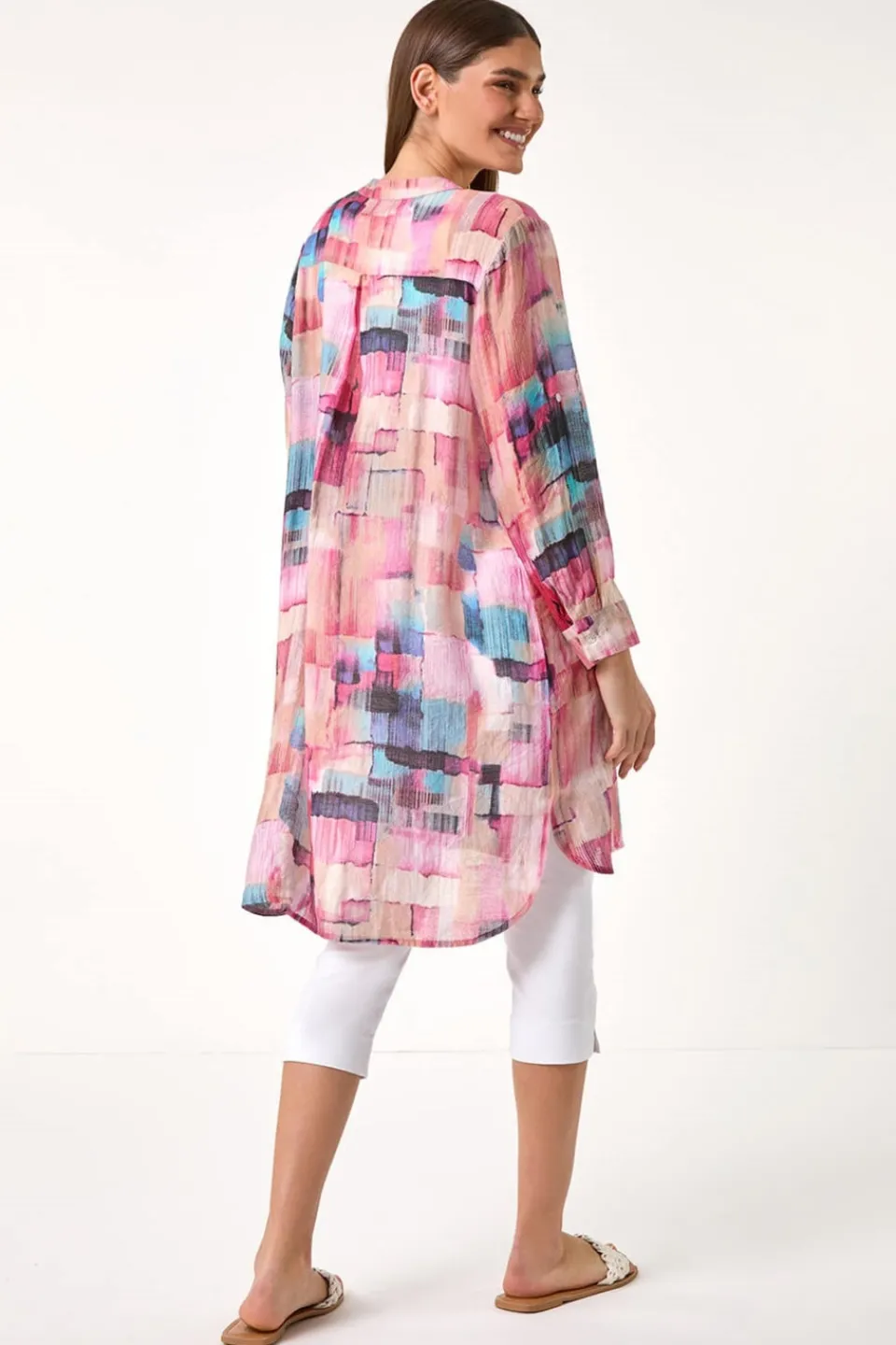 Tops>Roman Pink Abstract Print Longline Blouse