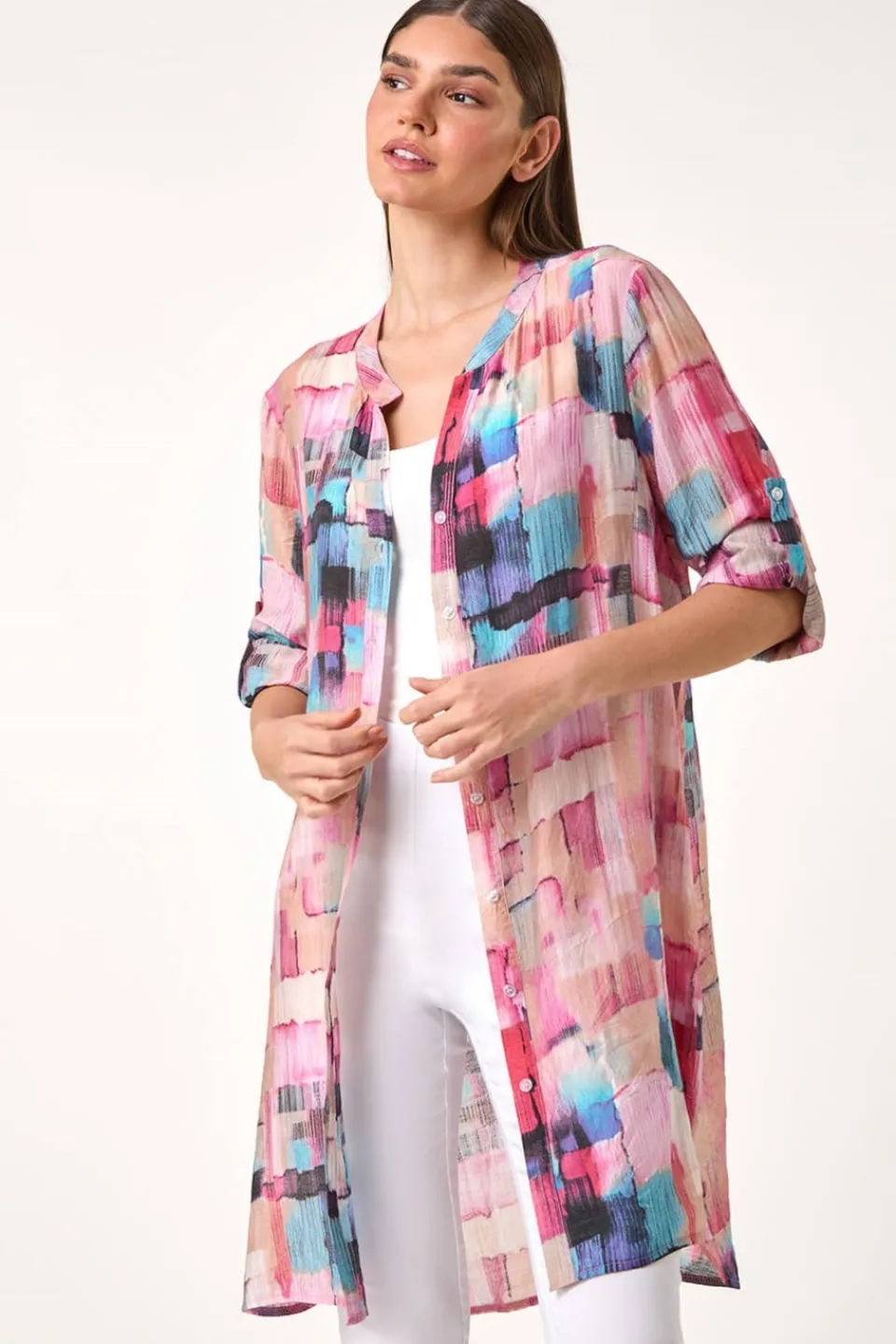 Tops>Roman Pink Abstract Print Longline Blouse