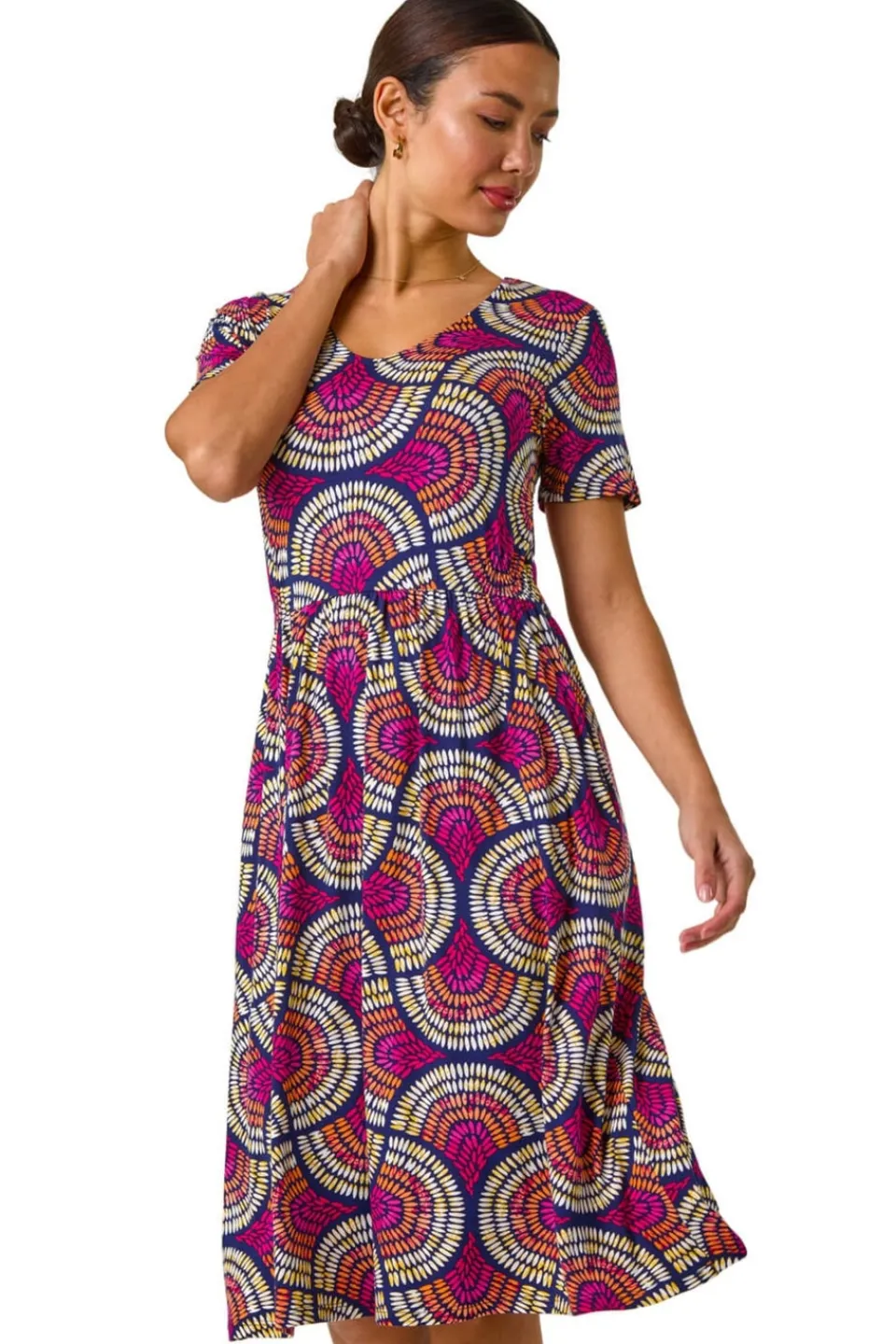 Dresses>Roman Pink Abstract Print Stretch Midi Dress