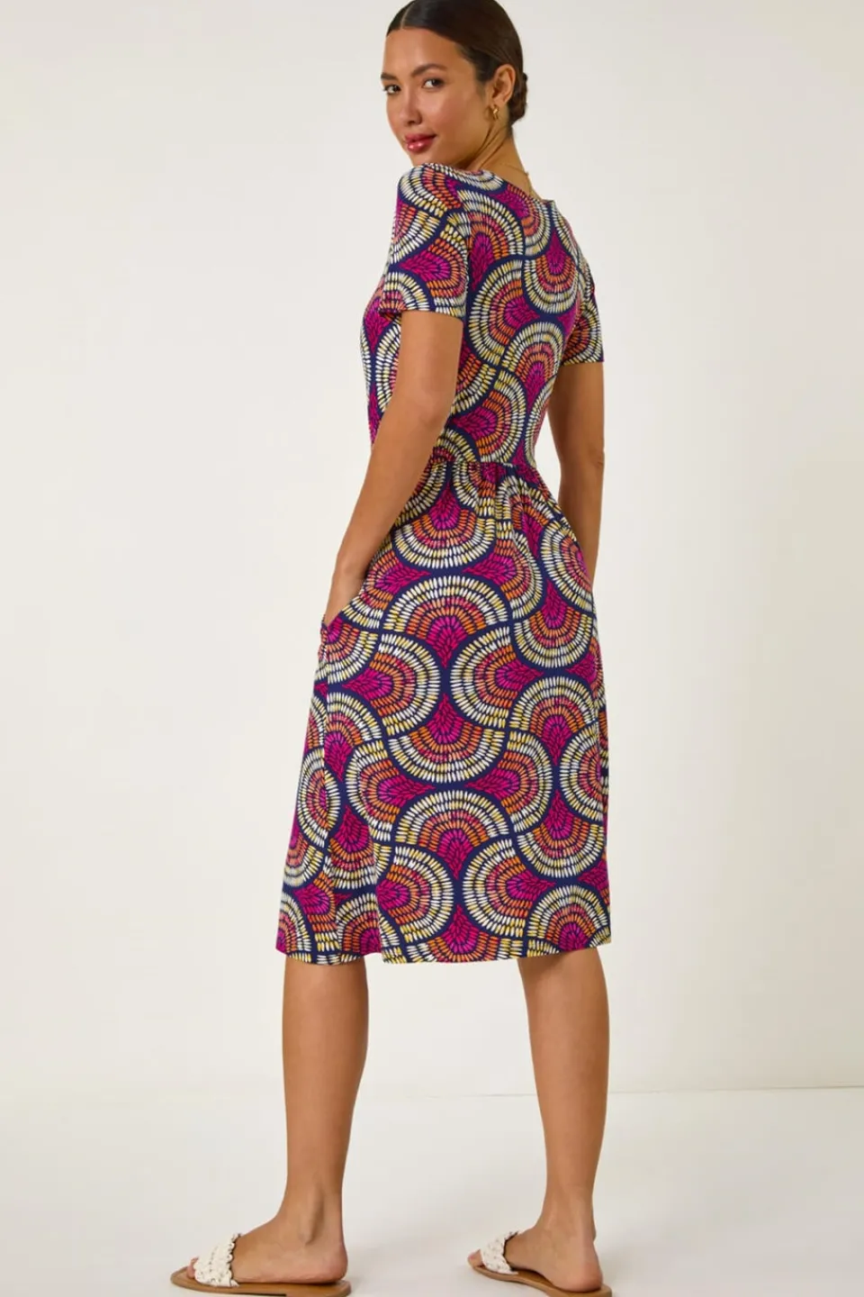 Dresses>Roman Pink Abstract Print Stretch Midi Dress