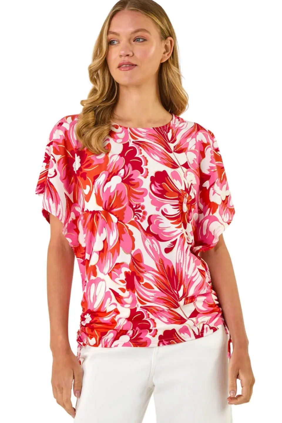 T-Shirts>Roman Pink Abstract Ruched Side Stretch Top