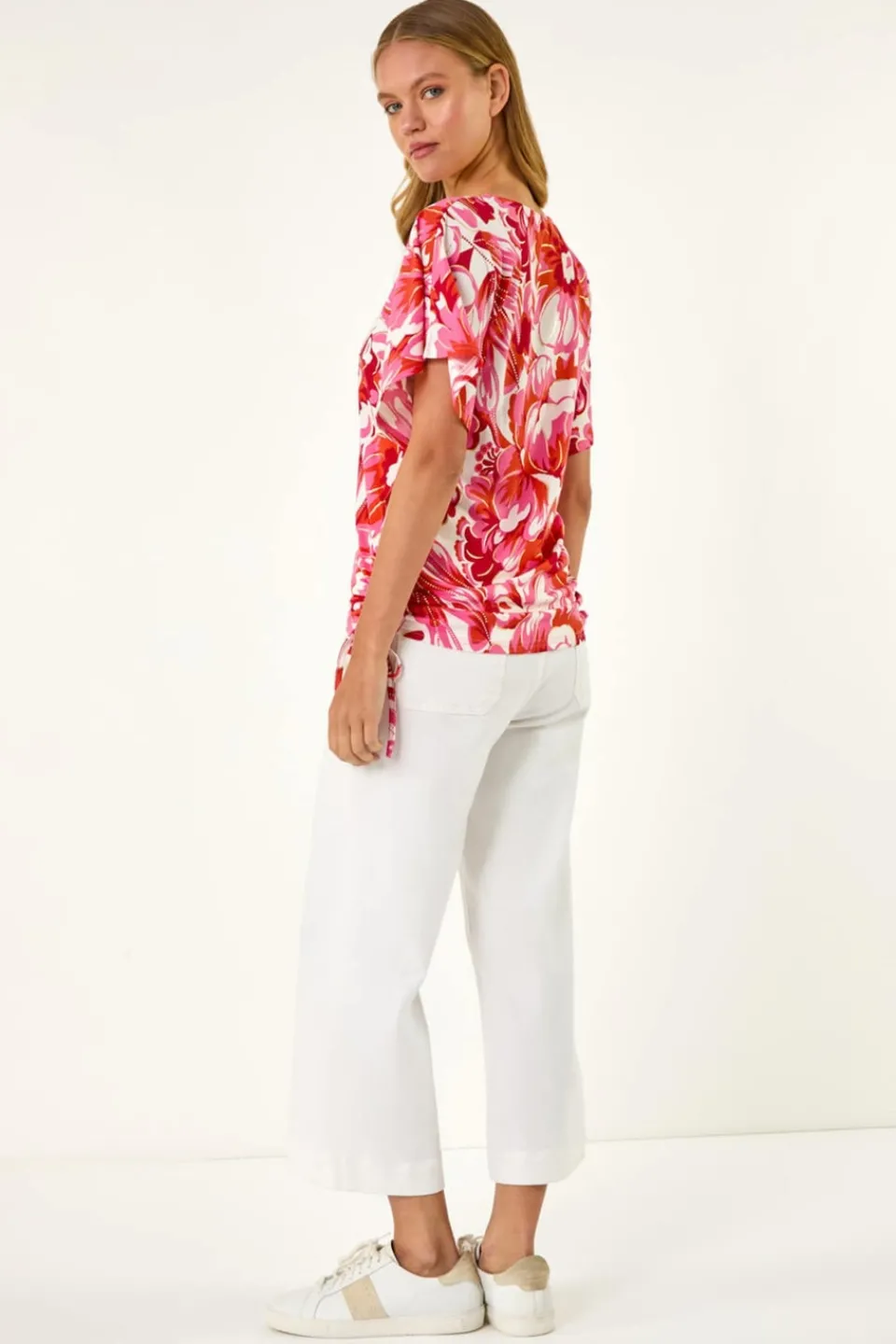 T-Shirts>Roman Pink Abstract Ruched Side Stretch Top