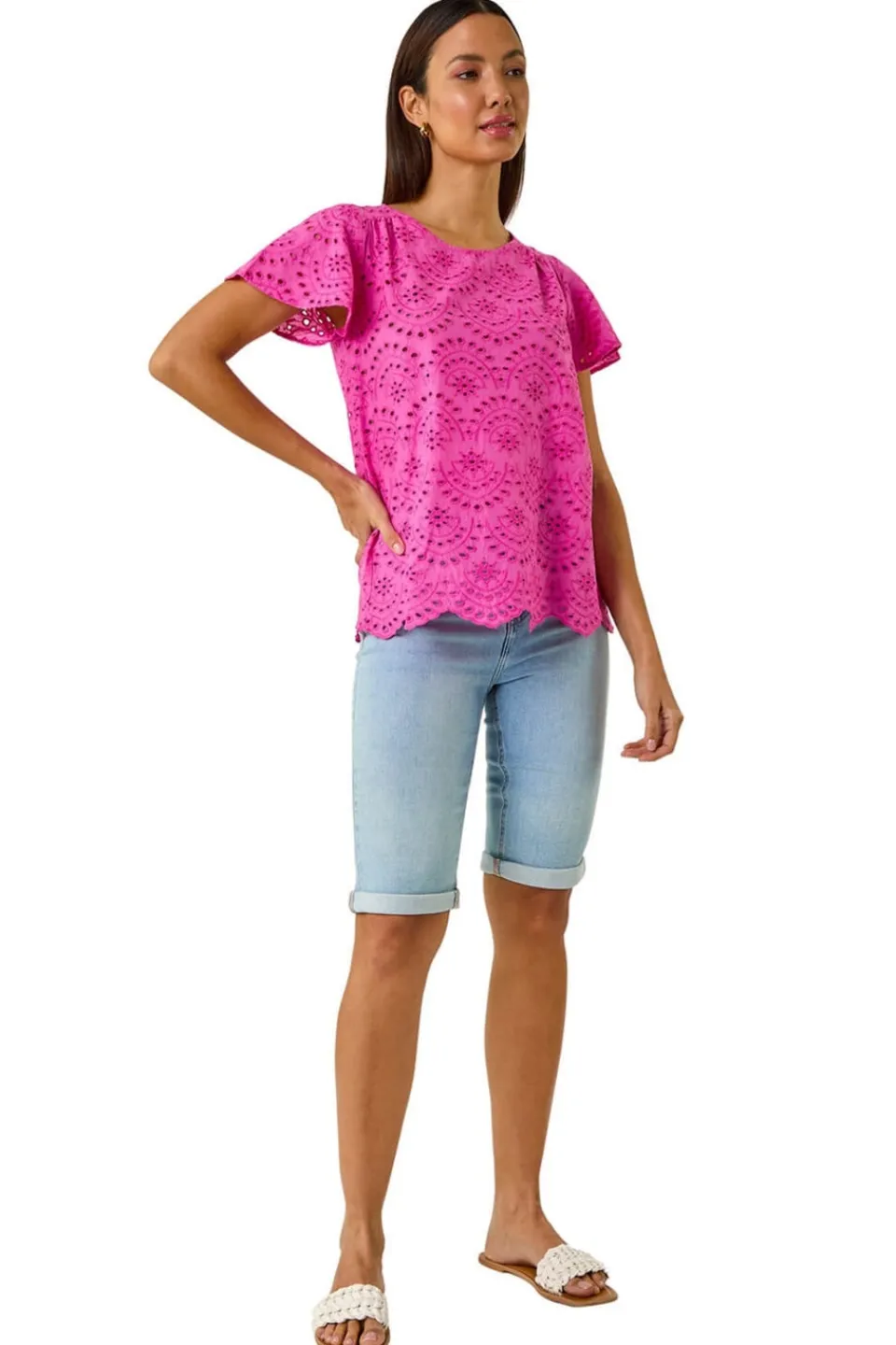 Tops>Roman Pink Broderie Short Sleeve Top