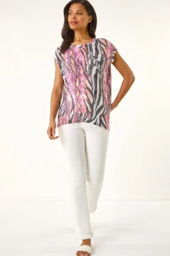 Tops>Roman Pink Burnout Snake Print Cocoon Top