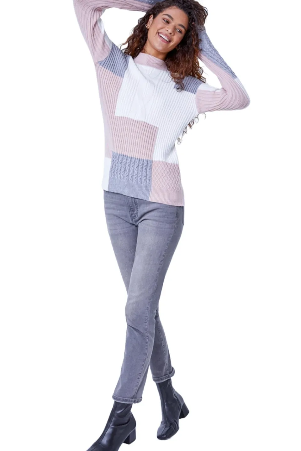 Tops>Roman Pink Colourblock Cable Knit Jumper