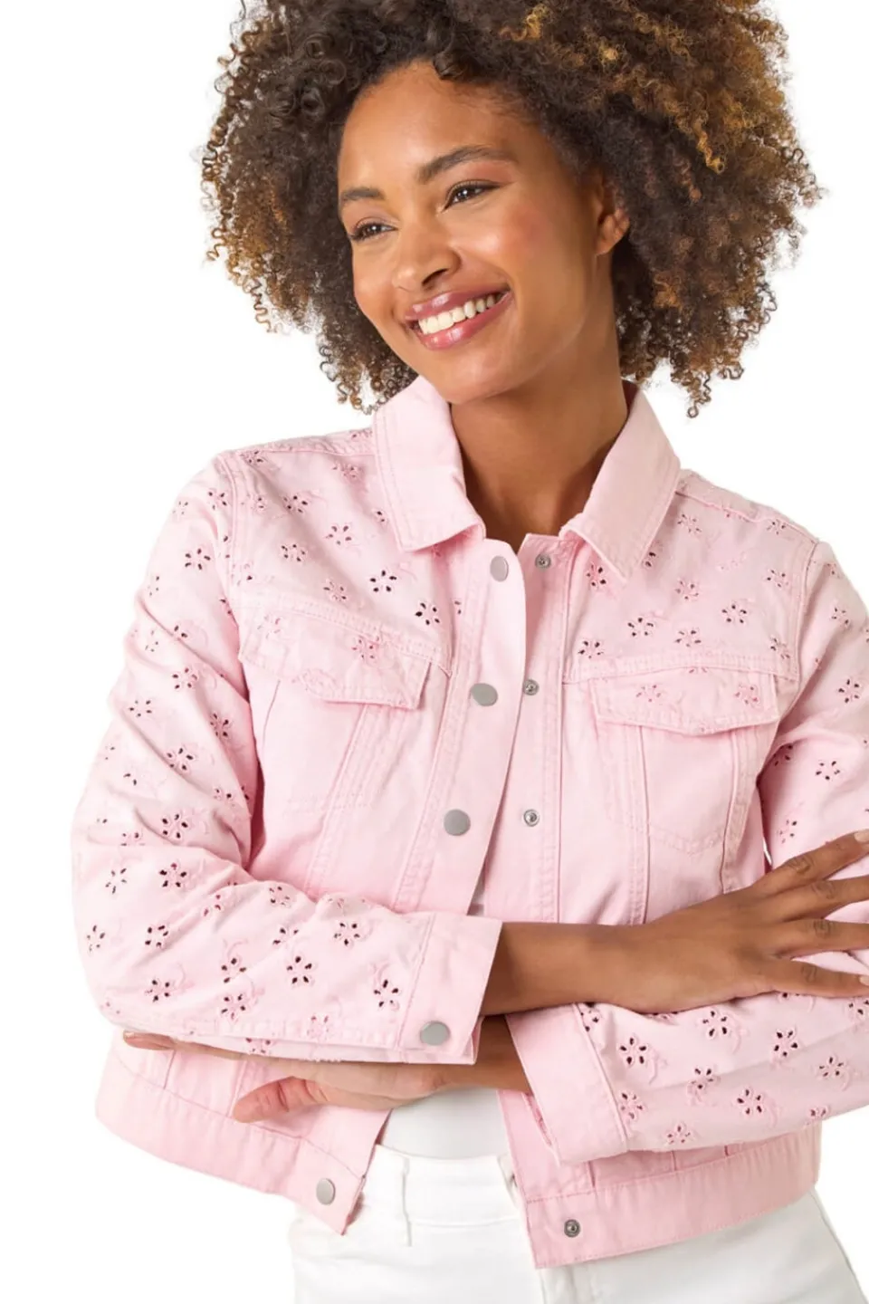 Coats & Jackets>Roman Pink Cotton Blend Broderie Sleeve Jacket