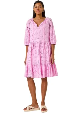 Dresses>Roman Cotton Broderie Tiered Smock Dress Pink