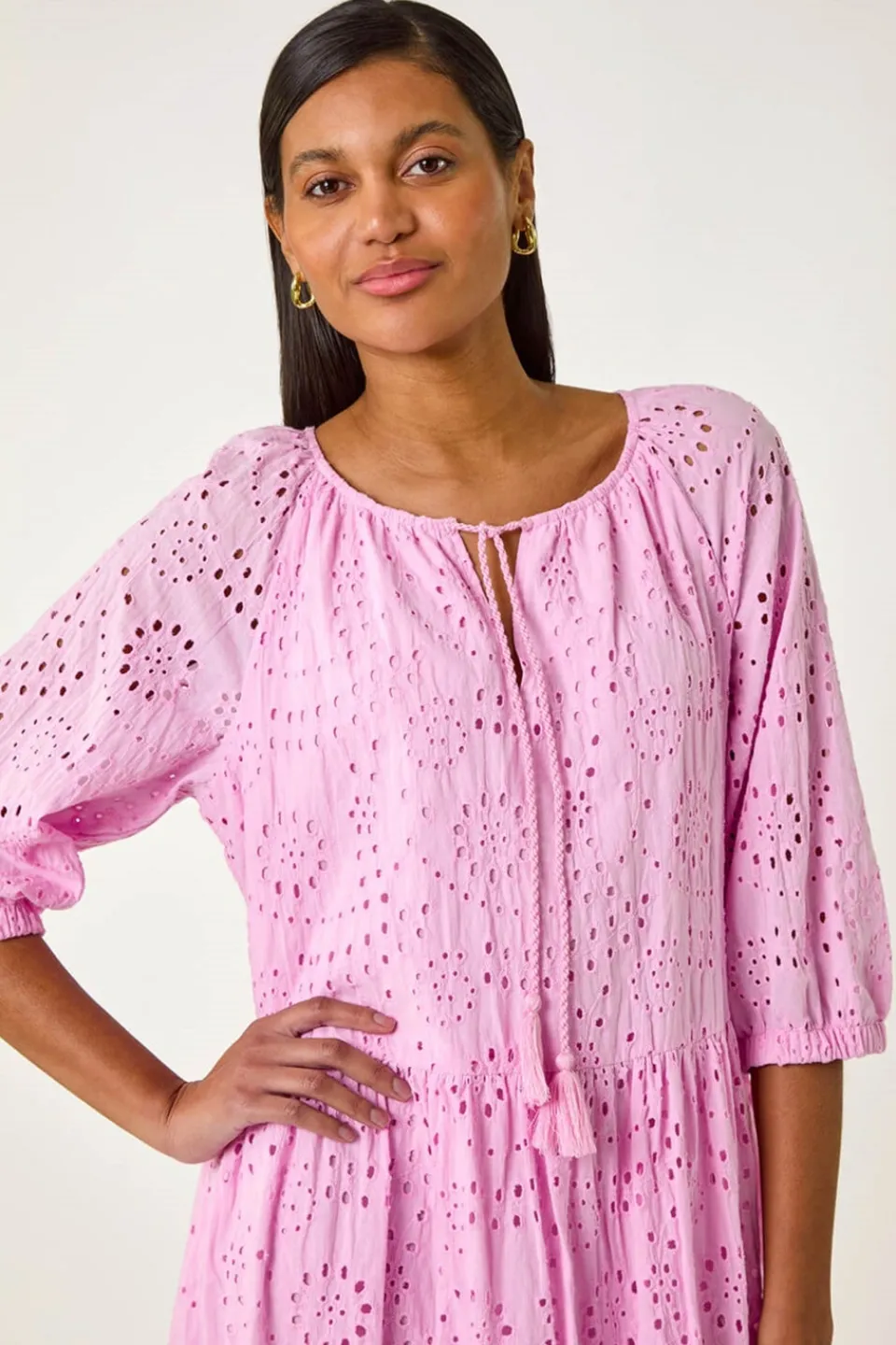 Dresses>Roman Cotton Broderie Tiered Smock Dress Pink