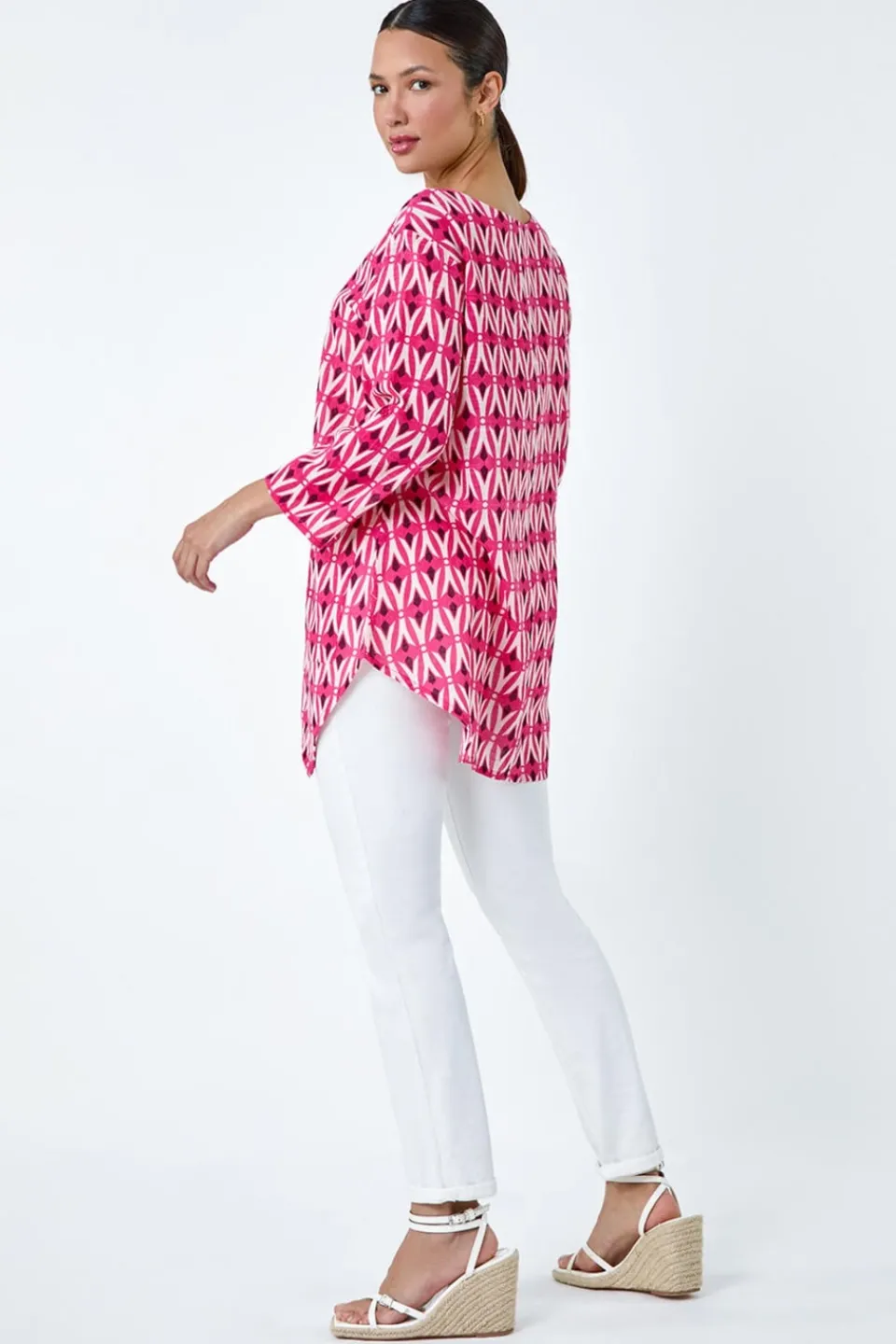Tops>Roman Pink Cotton Geometric Pocket Longline Tunic Top