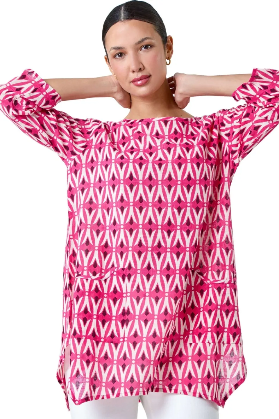 Tops>Roman Pink Cotton Geometric Pocket Longline Tunic Top