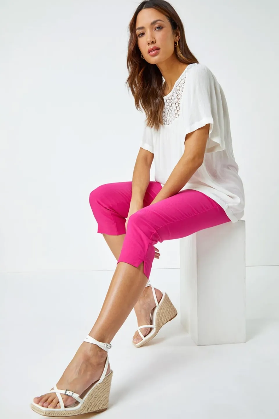 Trousers>Roman Cropped Stretch Trouser Capri Summer Leggings 3/4 Pedal Pushers Pink