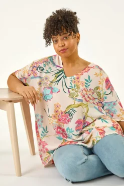 Tops>Roman Pink Curve Floral Cocoon Woven Top