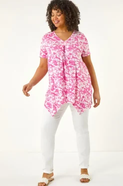 Tops>Roman Pink Curve Hanky Hem Floral Tunic Top