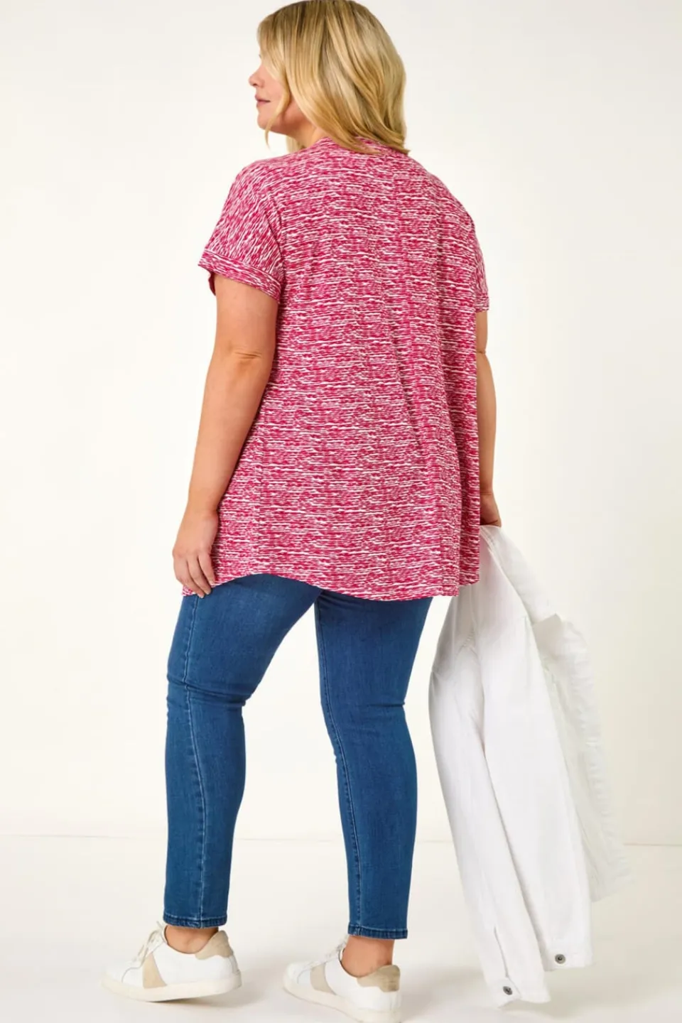 T-Shirts>Roman Pink Curve Pleat Front Printed Stretch Top
