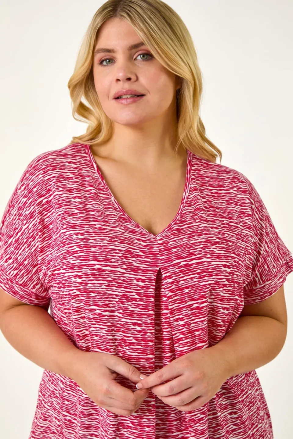 T-Shirts>Roman Pink Curve Pleat Front Printed Stretch Top