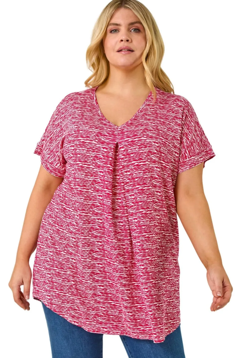 T-Shirts>Roman Pink Curve Pleat Front Printed Stretch Top