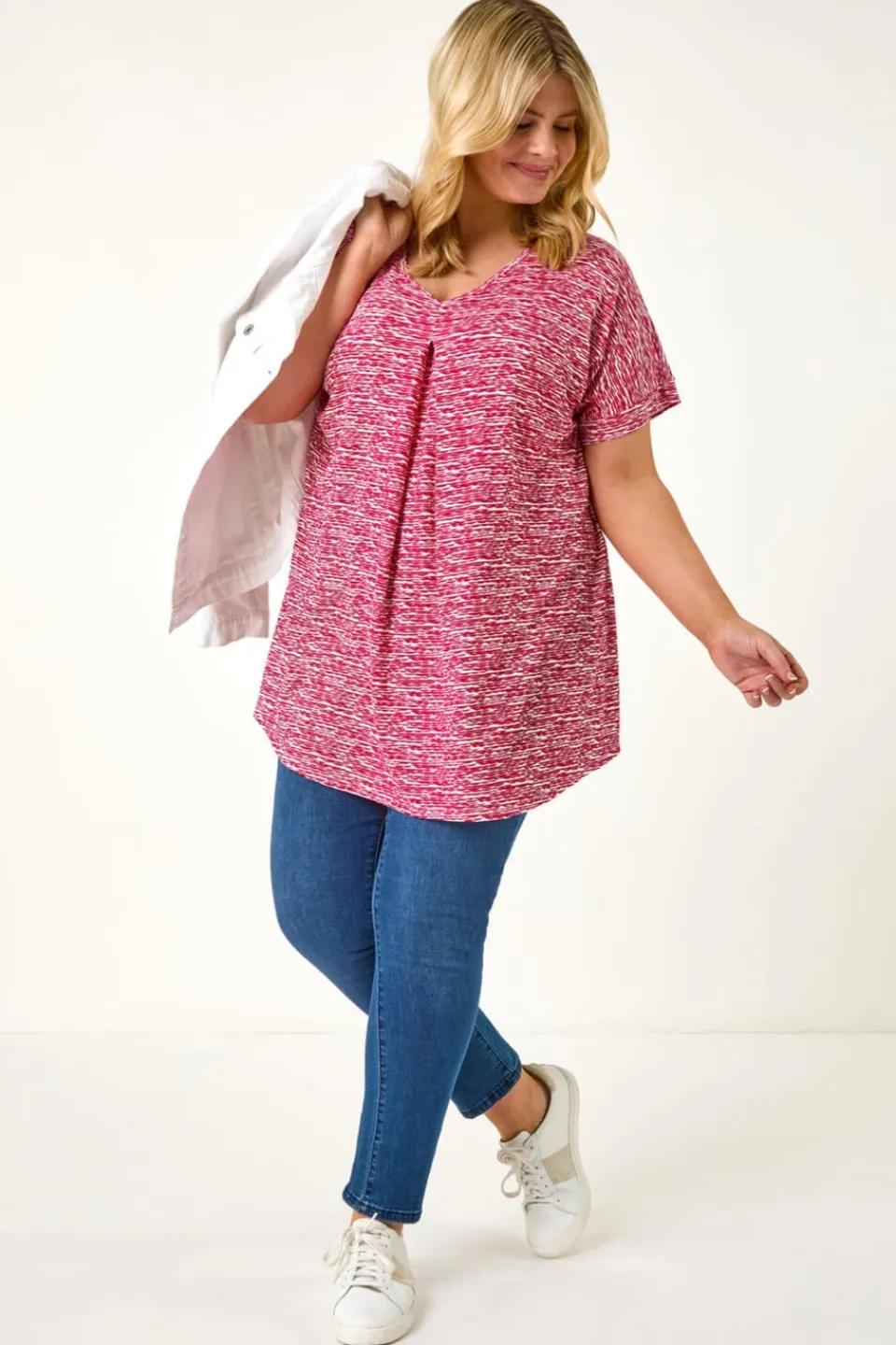 T-Shirts>Roman Pink Curve Pleat Front Printed Stretch Top