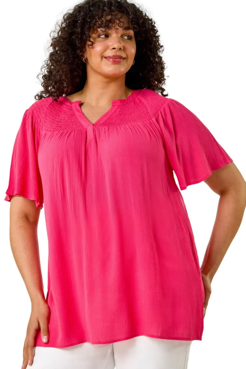 Tops>Roman Pink Curve Shirred Yoke Top