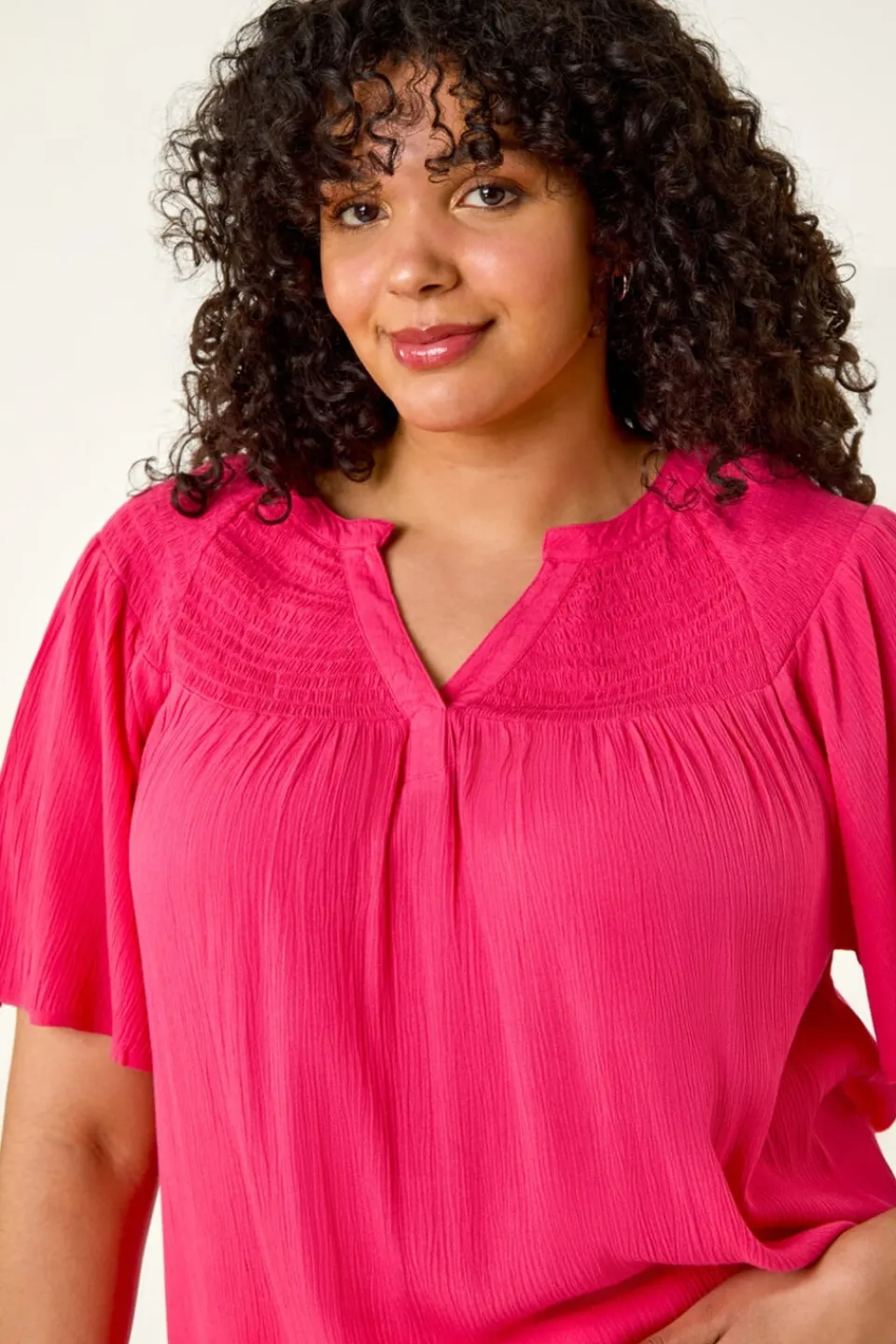 Tops>Roman Pink Curve Shirred Yoke Top