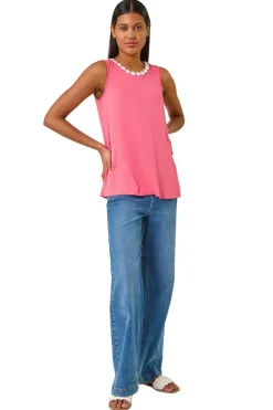 Tops>Roman Pink Daisy Neck Trim Vest Top
