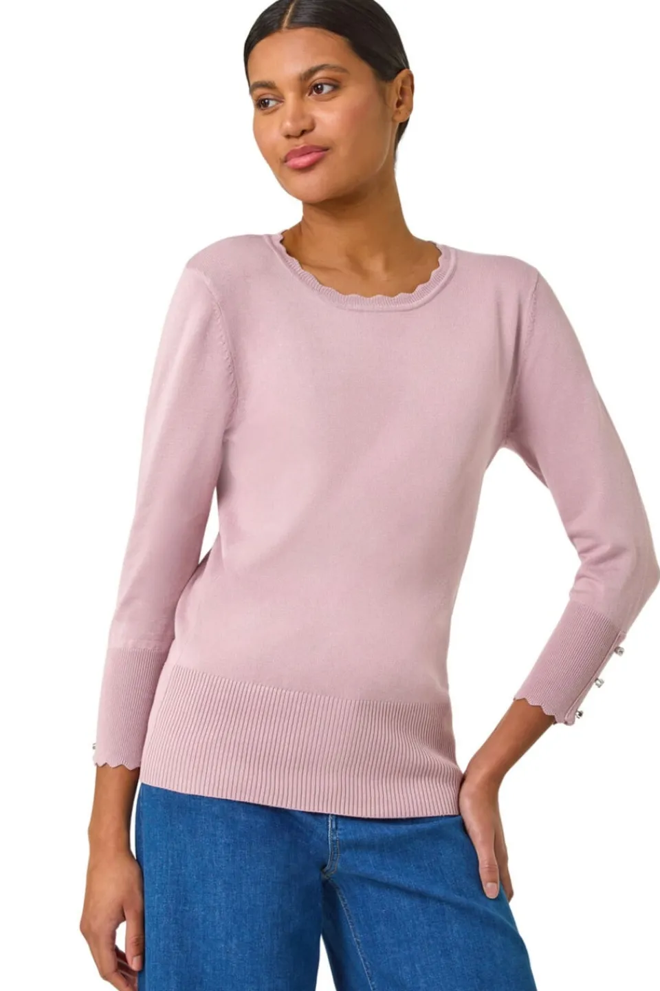 Tops>Roman Pink Diamante Button Scallop Edge Jumper