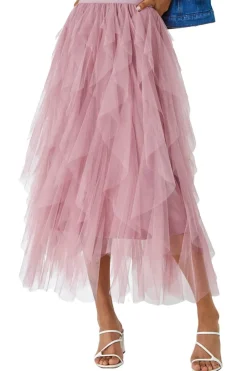Skirts>Roman Elastic Waist Mesh Layered A Line Skirt Pink