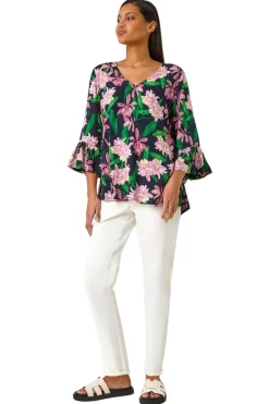 Blouses & Shirts>Roman Pink Floral Flare Sleeve Top