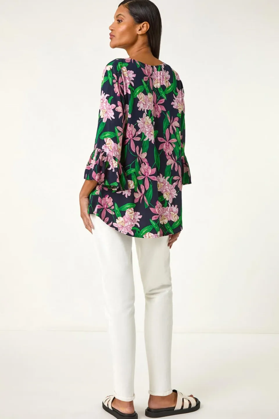 Blouses & Shirts>Roman Pink Floral Flare Sleeve Top